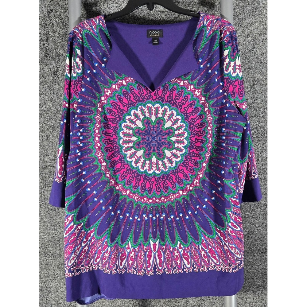 Nicole by Nicole Miller Purple Mandala Paisley Notched V-Neck Tunic Top Large